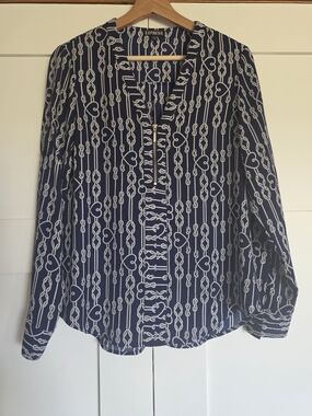 Express Navy and White Rope-Print Long-Sleeve Blouse